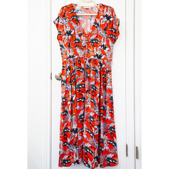 Loft Orange Botanical Print Midi Button-down Dress, size 12 - Picture 2 of 7